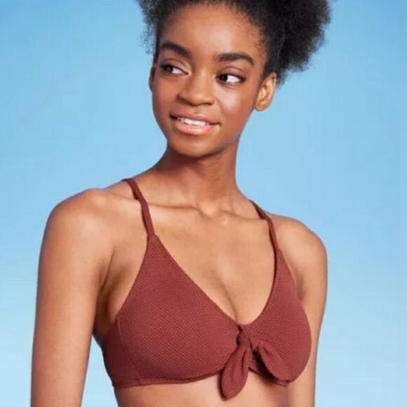 Wild Fable Brown/Bronze Textured Tie Front Bikini Top, Size M, NWT - Picture 1 of 8